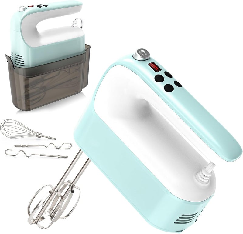 Yomelo 9-Speed Digital Hand Mixer Electric, 400W Powerful DC Motor, Hand Mixer Electric Handheld with Snap-On Storage Case, 5 Stainless Steel Accessories, Beaters, Dough Hooks, Whisk(Ice Blue/White) - Image 1